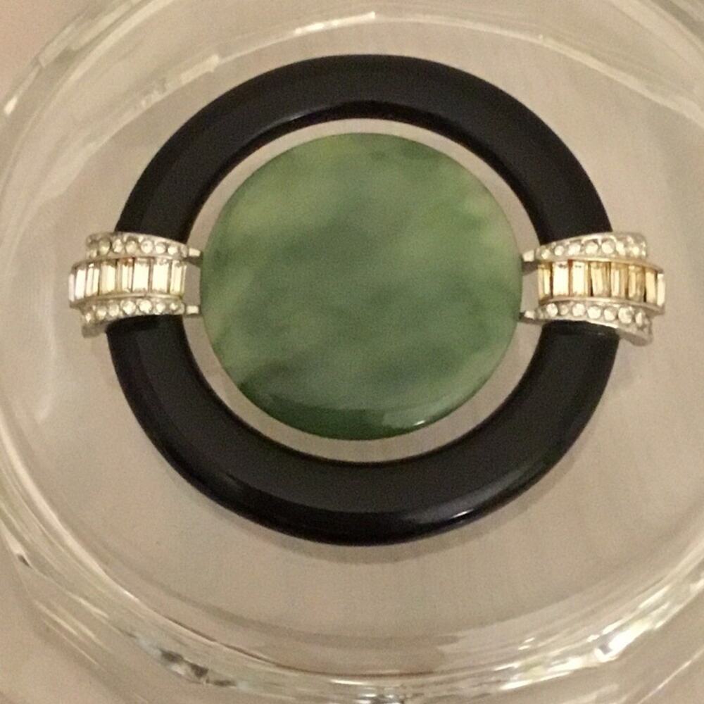 Vintage Kenneth Lane Art Deco faux Jade/Black Resin Circle BROOCH w/Rhinestones